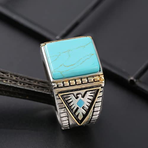 North American Indian God Beast Western Honor Thunderbird Feather Turquoise Two-Tone Ring Natural Turquoise Stone Gold Plated Turquoise Gemstone Ring Jewelry Anniversary Ring (Size 10)