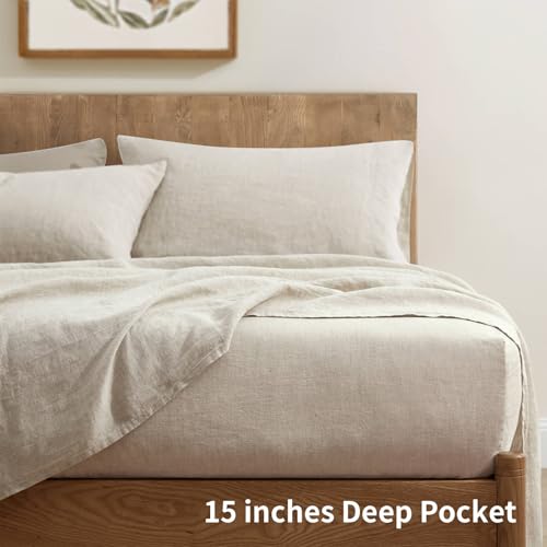 Image of ATLINIA 100% Pure Flax Linen Bedding Set - Stone Washed French Linen Fabric Deep Pocket Fitted Sheet Farmhouse Flat Sheet 2 Pillowcases (Natural, Full)