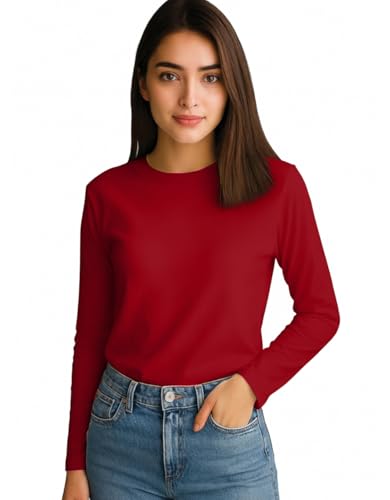 Image of JUNEBERRY Pure Cotton Round Neck Regular Fit Core Fashion Solid Full Sleeve T-Shirt for Women & Girls (Colors: Black, Cork, Green, Navy, Swanwhite & White)
