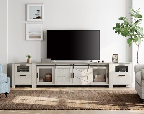 Image of WAMPAT TV Stand Set with Charging Station for 85 inch TV, Antique White