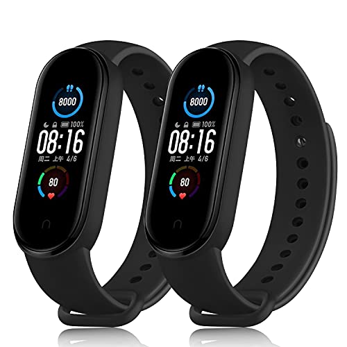 DEOU 2 Pack Correas Coloridas Suave Silicona, Pulseras de Repuesto para Xiaomi Mi Band 5 & Mi Band 6 & Amazfit Band 5 (Negro/Negro)