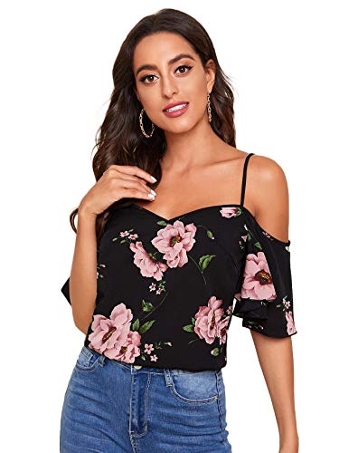 SheIn Women's Cold Shoulder Ditsy Floral Short Sleeve Ruffles Blouse Tops Black Floral M