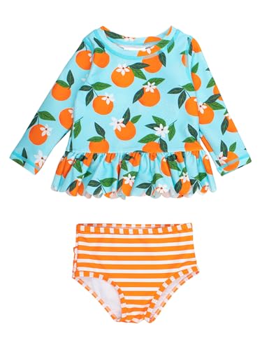 Image of RuffleButts Baby /Toddler Girls Scalloped Long Sleeve Rash Guard 2-Piece UPF50+ Sun Protected Swimsuit