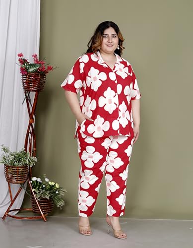 Image of Printed Shirt Style Cotton Night Suit for Women with Extra Plus Size