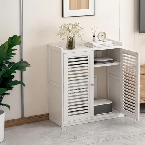 Jifocelt 木製 ルーター収納ボックス 配線隠し/コンセント・コード整理 ドア付きほこり防止 スリム型通気性 ノードリル設置簡単 オフィス/リビング/エントランス用 ワイヤレス 据え置き モダンデザイン (ホワイト,小サイズ67cmA)