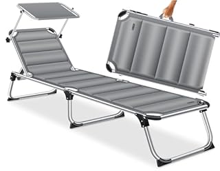 KESSER® Lettino da sole SUN con tettuccio - lettino da giardino sedia a sdraio pieghevole - con parasole - schienale reclinabile, ergonomico - superficie di riposo imbottita, Grigio