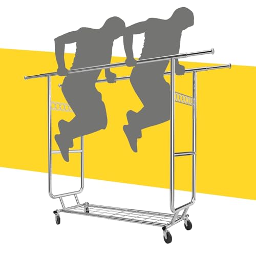 SPECILITE ハンガーラック 頑丈 パイプハンガー 大容量 物干し 洋服ラック 幅130cm~190cm 耐荷重285kg パイプハンガーラック頑丈なメタル 折り畳める 幅、高さ伸縮 組み立て簡単 衣類収納 キャスターと棚付き シルバー