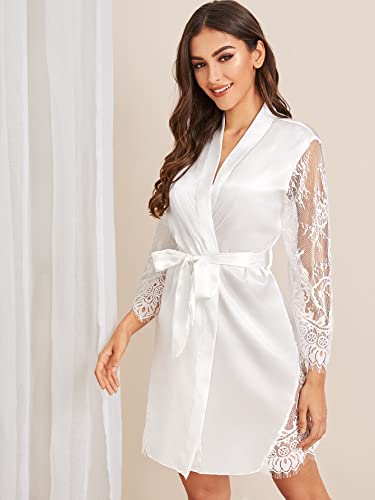 Floerns Women's Floral Lace Sleeve V Neck Satin Belted Robe Silk Nightgowns White M #TOP3