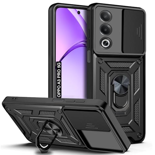 Image of AESTMO Polycarbonate Tough Armor Oppo A3 Pro 5G Bumper Back Case Cover|Ring Holder & Sliding Camera Shield Cover|360 Degree Protection Back Case Cover for Oppo A3 Pro 5G (Black)