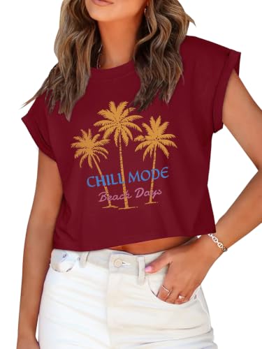 Image of Womens Crop Tops Summer Roll Cap Sleeve Cropped Tshirt Loose Fit Basic Tees