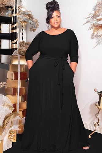 Runwind Casual Plus Size Long Maxi Dress for Curvy Women Crew Neck 3/4 Sleeve Wedding Guest Dresses with Belt & Pockets3
