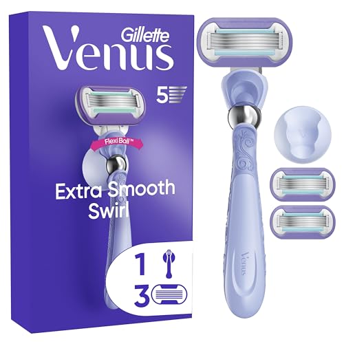 Gillette Venus Extra Smooth Swirl Women’s Razor, 3 Refill Razor Cartridges, Pivoting Reusable Handle and Shower Holder
