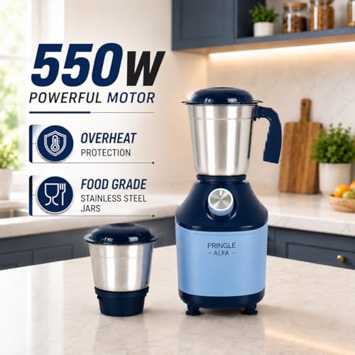 Image of Pringle Alfa 550W 2 Jar Mixer Grinder for Kitchen | 2 SS Jars (Wet & Dry Grinder & Chutney) | Stainless Steel Blades | Compact & Powerful | 5 Yr Warranty | Blue