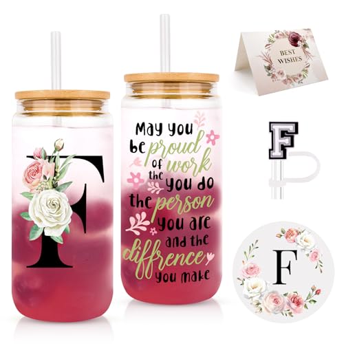 Initial Glass Cups with Lids and Straws, Personalized Gifts for Women (F)