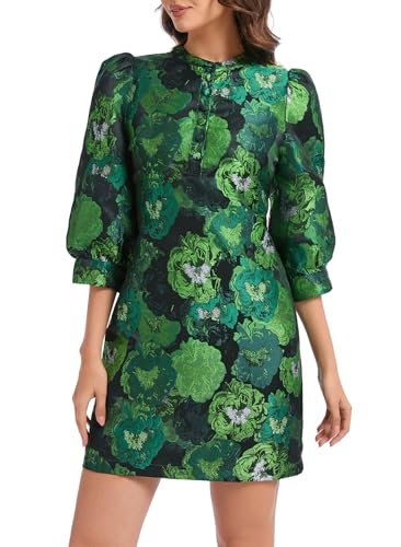 Ladyful Women's Floral Jacquard Shift Dress 2025 Long Puff Sleeve Button Up Elegant Cocktail Party Mini Dress