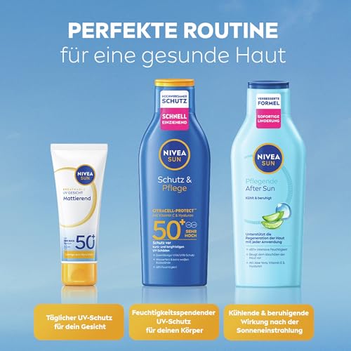 NIVEA SUN Schutz & Pflege Sonnenlotion LSF 50+, wasserfester Sonnenschutz mit Vitamin C & Hyaluron, schnell einziehende Sonnencreme für 48h Feuchtigkeit ohne weiße Rückstände (200 ml) 3