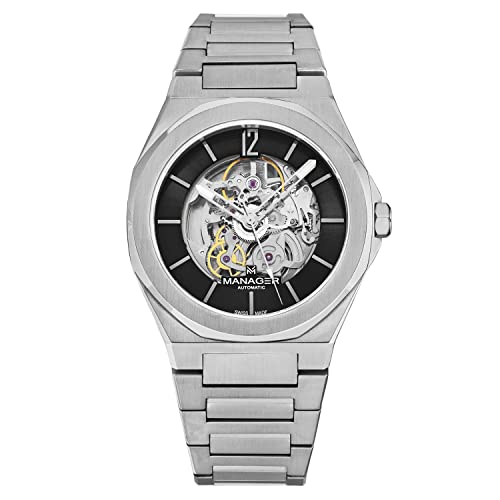 Manager Men's 'Open Mind' Black Dial Stainless Steel Bracelet Automatic Watch MAN-RO-01-SM