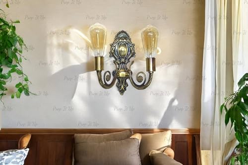 Image of Prop It Up Vintage Double Wall Sconce, Antique Brass Finish, Ornate Victorian Style Without Edison Bulbs