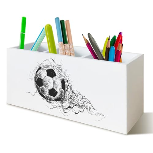 YTRGI Soccer Ball Pen Pencil Holder Organizer for Desk, Soccer Fan Lovers Players Gifts Wooden Box Block Sign for Home Office Tabletop Decor