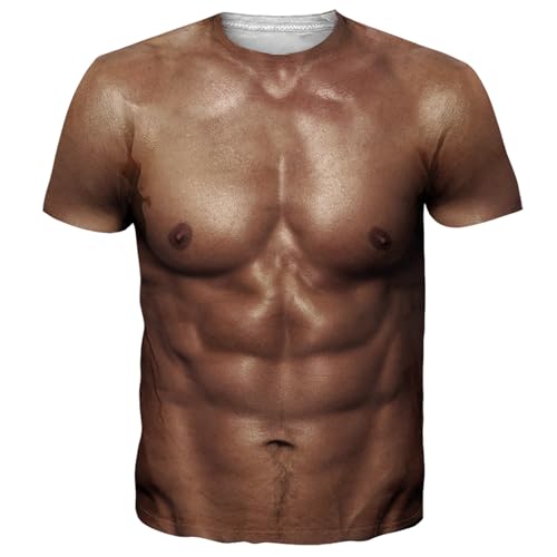 Fake Muscle Shirts Mens 6 Pack Abs Tshirts Hairy Chest Body Shirt Rave Cool for Male Guys Cosplay Carnival Clothes