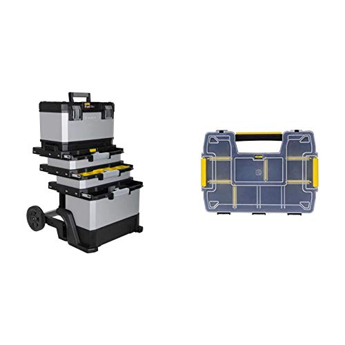 Stanley FatMax Rollende Werkstatt aus Metall-Kunststoff 1-95-622 & Sortmaster Doppelorganizer Werkzeugbox leer STST1-71197 – Stapelbarer Werkzeugkasten mit entnehmbare Einsätzen