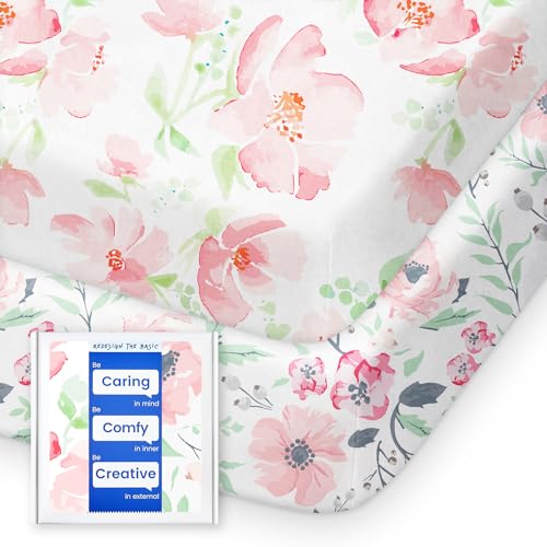 Image of Pack N Play Sheets Girl, TotBasic Floral Mini Crib Sheets Fitted, Premium Jersey Knit Pack and Play Sheets, Stretchy Play Yard Sheets for Pack and Play Mattress, 2 Pack (Pink Floral)