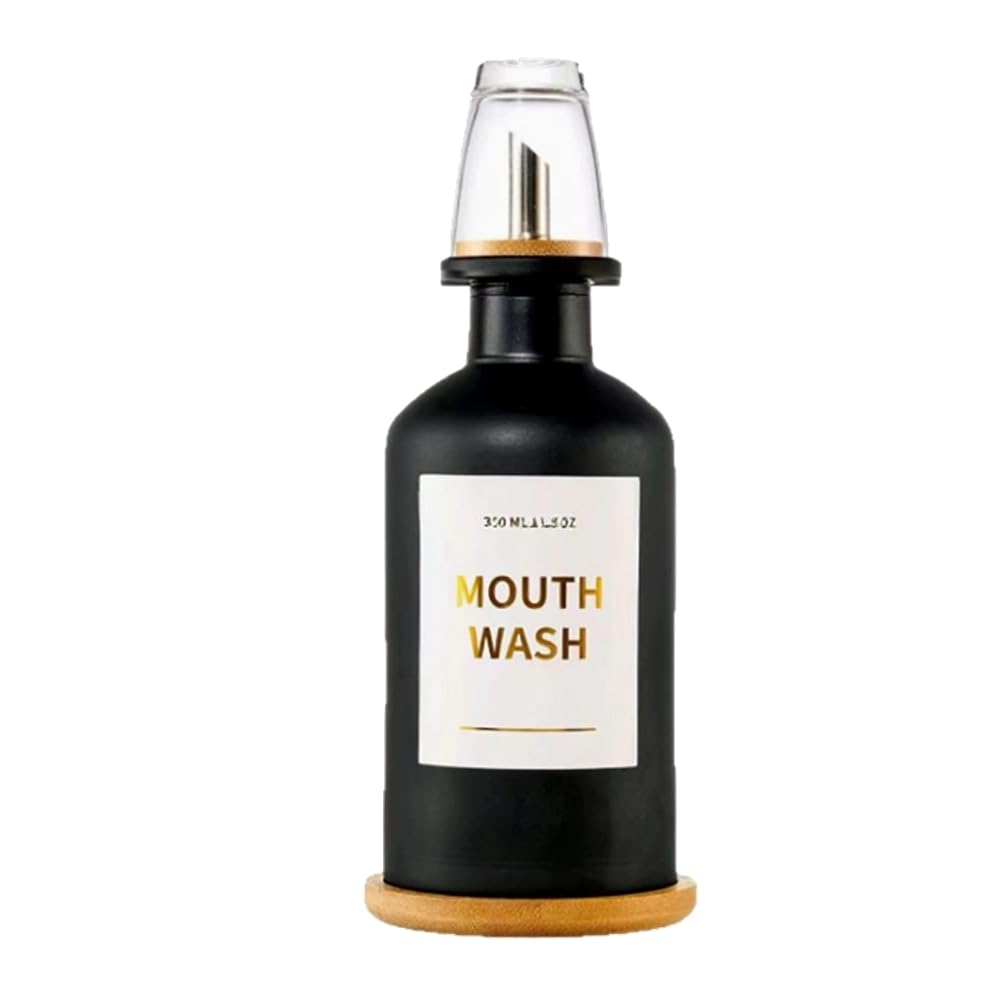 Hndhbfgrt Glass Mouthwash Bottle 11.8oz Mouthwash Dispenser for Bathroom Includes Cup& Bamboo Tray, Gold Hot-Stamped Lettering
