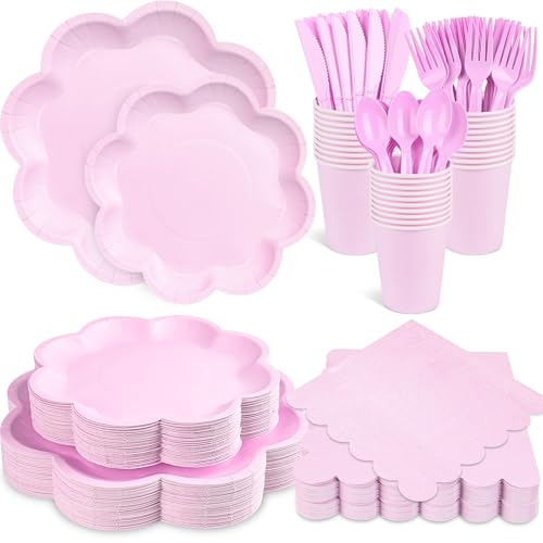 Houuqe 350 Pcs Lavender Paper Plates and Napkins Set, Tableware Set for 50 Guests Include Disposable Purple Scalloped Plates, Napkins, Cups, Knives, Fork & Spoon for Baby Shower Wedding Bridal Shower