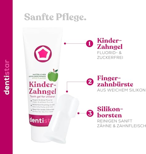 dentistar 2-in-1 Mundpflegeset für Babys ab 6 Monate - 40 ml Baby Zahnpasta mit Apfelgeschmack und Fingerzahnbürste aus Silikon - ohne Fluorid, vegan und BPA-frei