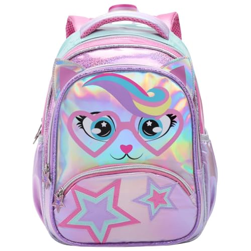 Mochila de Costas Escolar Infantil, Design Colorido, Material Reforçado, Alças Acolchoadas, Bolsos Laterais e Frontais, P/Meninas Crianças (Mochila Escolar Gatinha Estrela)