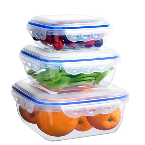 Cozary 3 Piezas Contenedores Herméticos, Envases para Alimentos con Tapa Herméticas, Envases de Plastico con Tapa Aptos para Microondas/Lavavajillas/Frigorífico, Cuadrado
