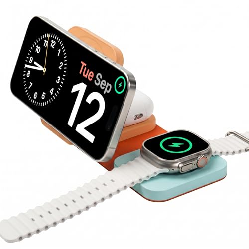 Mophie 3-in-1 Travel Charger with MagSafe for iPhone 17/16/15/14/13/12 Apple Watch & AirPods 15W Fast Wireless Charging Station Premium Foldable Design with Travel Case & Adapters Orange/Teal