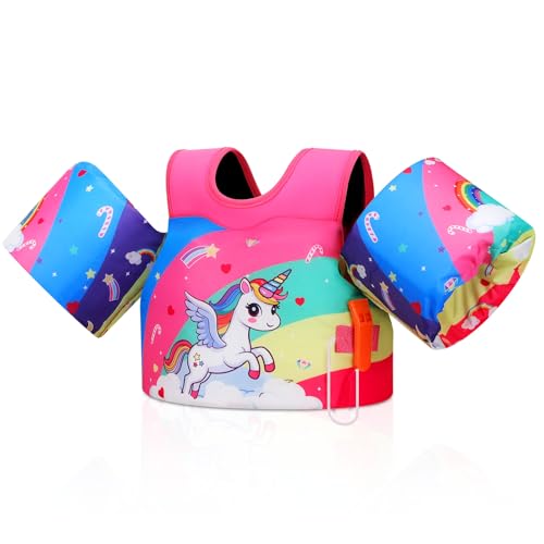 MoKo Chaleco de Natación para Niños, Flotadores de Brazo para Niños de 20 50 lbs, Flotadores de Agua con Silbato de Emergencia, Bonitos Flotadores de Brazo para Piscina, Unicornio Arcoiris Rosa