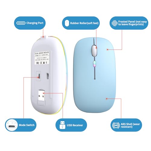 Image of Wireless Bluetooth Mouse, Rechargeable, LED, Silent, Ultra-thin Design (Bluetooth 5.2 and 2.4GHz USB Receiver) | Portable Computer Mouse for Laptops, iPads, MacBooks and Apple Devices (blue)