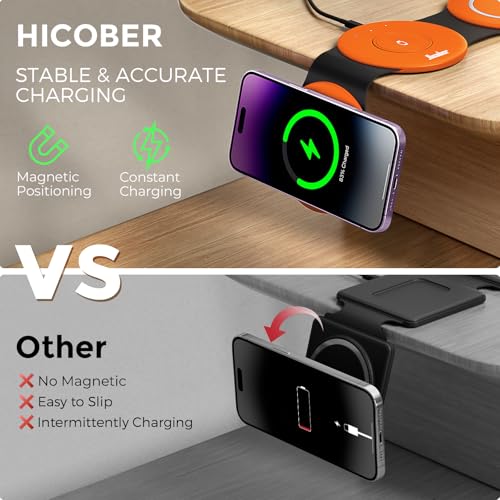 Image of Hicober 3 in 1 Wireless Charging Station for Apple Watch and iPhone Air 17 16 15 14 13 12 Pro Max /Plus, Magnetic Foldable Wireless Travel Charger Station Stand for Airpods iWatch All Series Orange