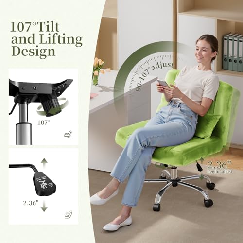 Image of Warmiehomy Criss Cross Desk Chair with Wheels, Velvet Cross Legged Office Chair for Home Office, Adjustable Swivel Wide Seat Computer Chair, Morden Vanity Chair, Glass Green