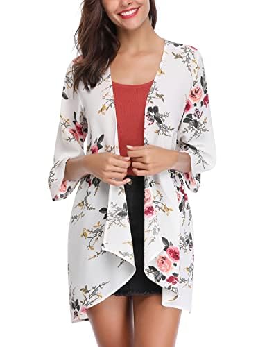 Irevial Kimono Mujer Cardigan Mujer Verano Manga 3/4 Playa Cardigan Boho Style Suelto Chal de Gasa Ropa de Baño Cover Up