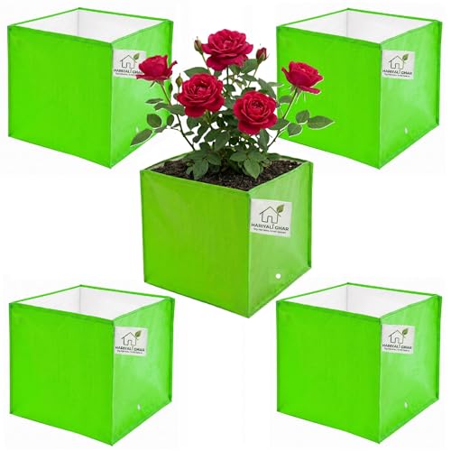 Image of Heavy Duty 260 GSM HDPE Pyramid Grow Bags 10x10x10 Inch, UV Protected Green Planting Bags for Terrace Kitchen Gardening Pack of 5