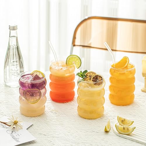 Image of Round Wave Cola Mug Can Sipper with Straw - 510ml Reusable Aesthetic Glass Tumbler for Juice, Milk, Smoothies, Iced Coffee, Tea, Water & More - Durable Drinking Cup (Round Cup Wave)