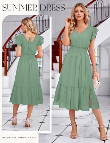 Image of GRACE KARIN 2026 Womens Summer Dresses V Neck Ruffle Sleeve Floral Boho Beach Dress A-Line Swing Midi Wedding Guest Sundress