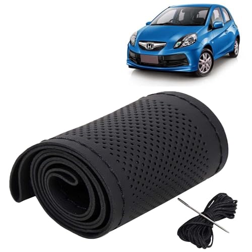Image of KINGSWAY PU Leatherite Car Steering Cover Sewable Compatible with Honda Brio (Year 2011-2019), Black Color with Black Thread, Pack of 1 with Sewing Needle and Thread