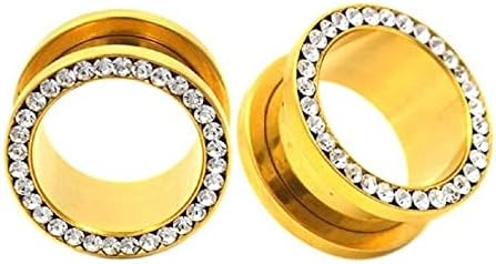 Screw-on 24k Gold Plated Plugs/Gauges/Tunnels with Clear CZ 7/8'' (22MM) 2 Pieces (1 Pair) (A/5/3/A/10)