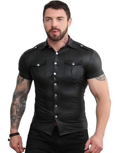 Camisa de piel sintética para hombre, estilo punk, manga corta, ropa urbana, moda urbana, Negro, L