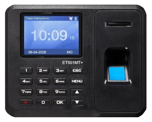 Rechnendes Zeiterfassungsterminal ET501MT+ (Komplettset) inkl. 10 Schlüsselanhänger (erweiterbar), -3 JAHRE GARANTIE-, Fingerprint, Kein Abo-Zwang, sofort einsatzbereit, 30 Tage Rückgabe
