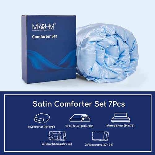 MR&HM Satin Comforter California King 7 Pieces Light Blue - Luxurious Pinch Pleat Bedding Set with Comforter, Flat Sheet, Fitted Sheet, Pillowcases & Shams, Super Silky Soft Bed Set for All Season
