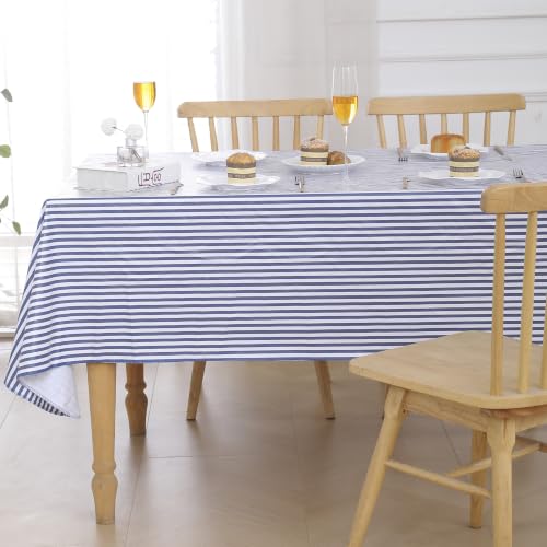Image of Walrus Heavy Duty Vinyl Tablecloth with Flannel Backing Waterproof Oil-Proof Plastic Table Cloth Stain-Resistant Wipeable Table Cover for Indoor and Outdoor (Blue Striped,52x70 Inch)