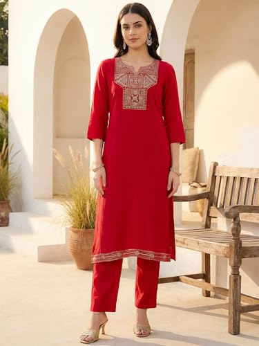 Image of INDO ERA Women's Silk Blend Embroidered Zari Work Straight Kurta & Pant Set | Cord Set For Women
