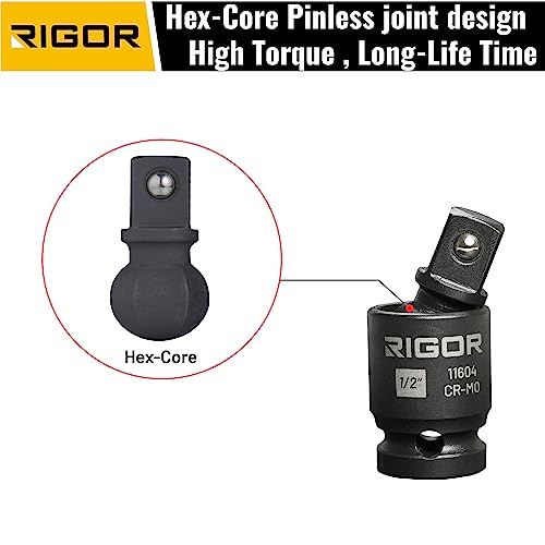 Rigor 11601 Universal Joint Swivel Socket Adapter Set | 3Pcs, 1/2", 3/8", 1/4" Drive | Cr-Mo Impact Grade | Aluminum Storage Rail #TOP4