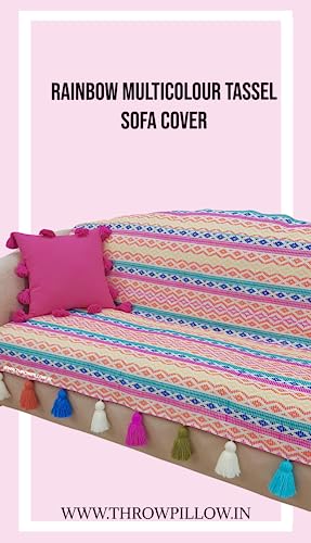 Image of WWW.THROWPILLOW.IN Rainbow Aztech Tassel Sofa Cover:Stylish Couch Slipcover Corner Sofa Cover,Desginer Premium Sofa Covers: Fits 2+2 Seater+Corner Sofa -Set of 5 Covers- 3 Seat & 2 Back Cover