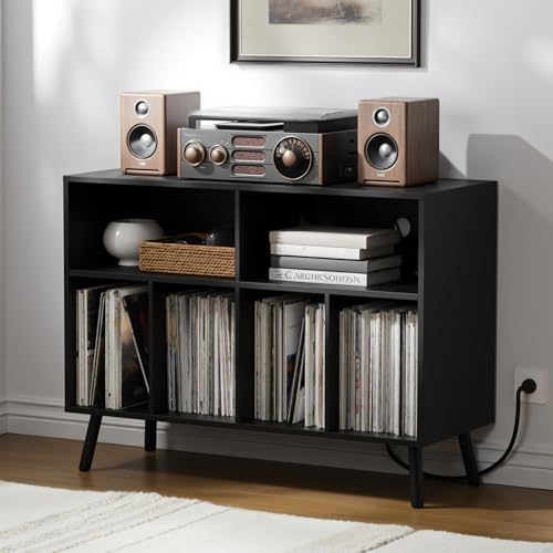 Cozy Castle Record Player Stand with Vinyl Storage Cabinet, Wood Turntable Table Open Shelf Holder...